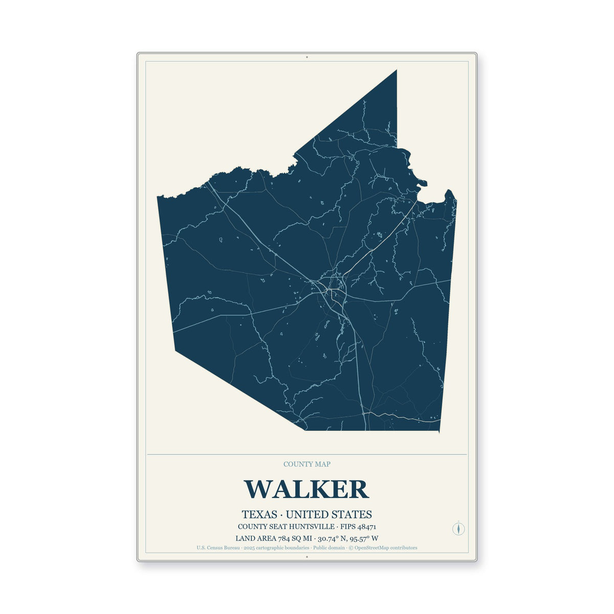 Walker County, Texas Map Aluminum Sign in Coastal Cutout style