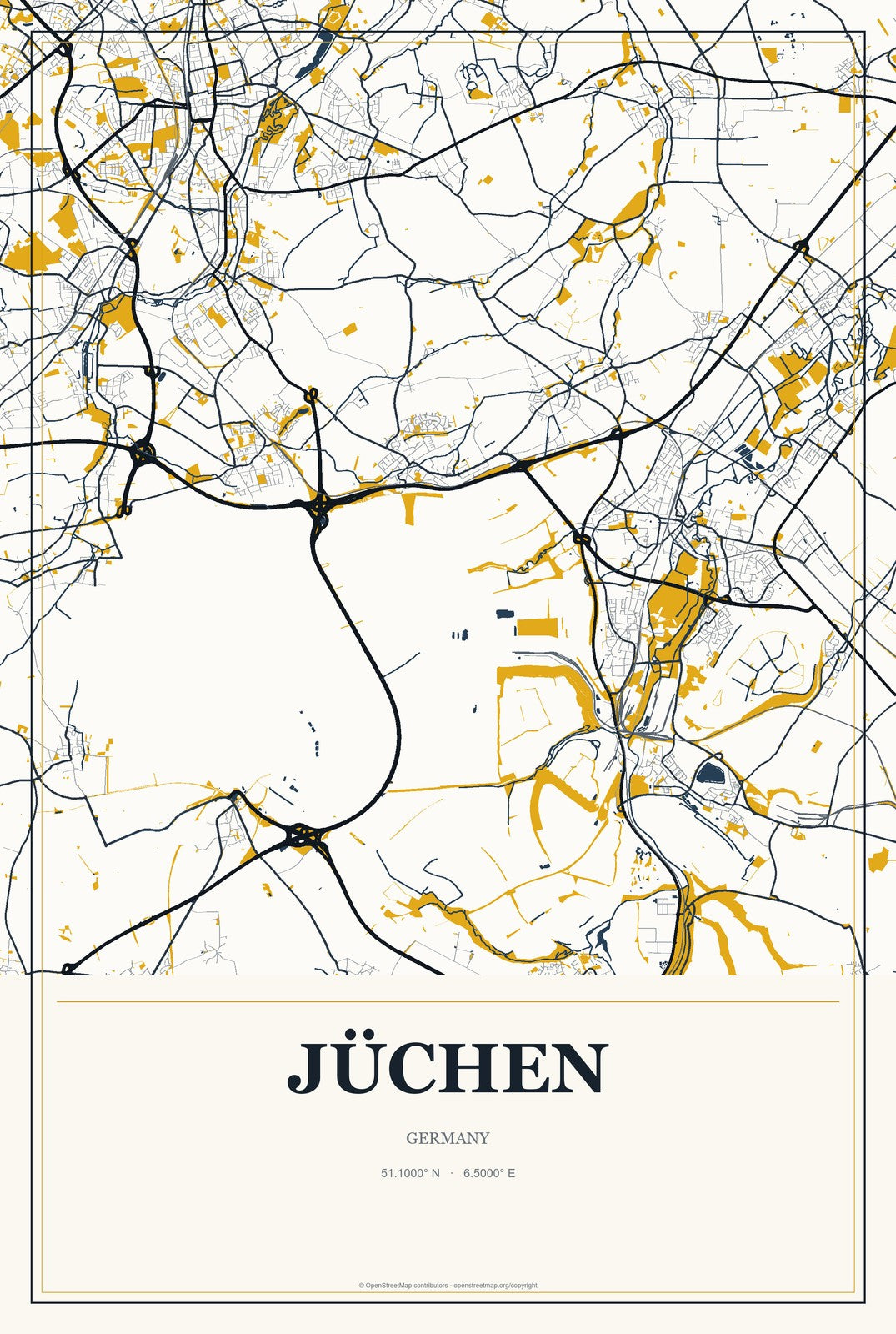 Jüchen, Germany City Map Aluminum Sign in Citrine Modern style