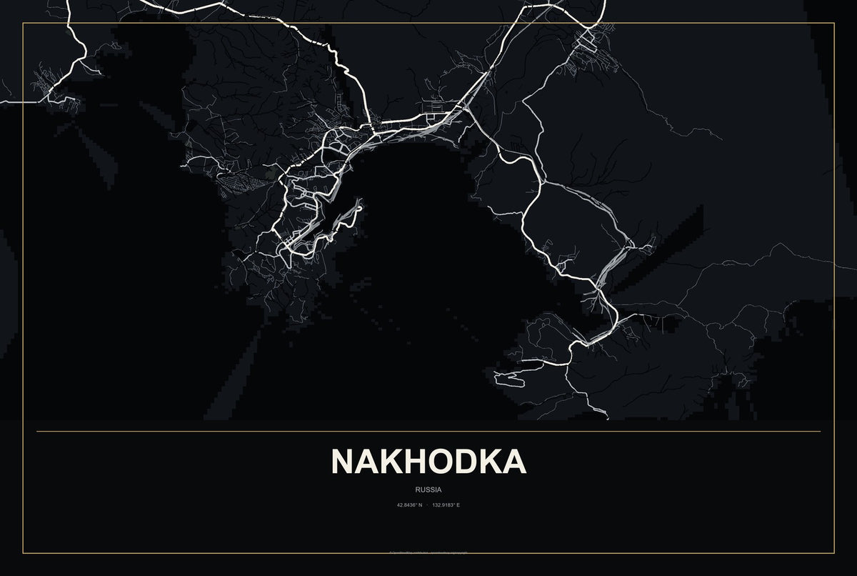 Nakhodka, Russia City Map Aluminum Sign in Metropolitan Noir style