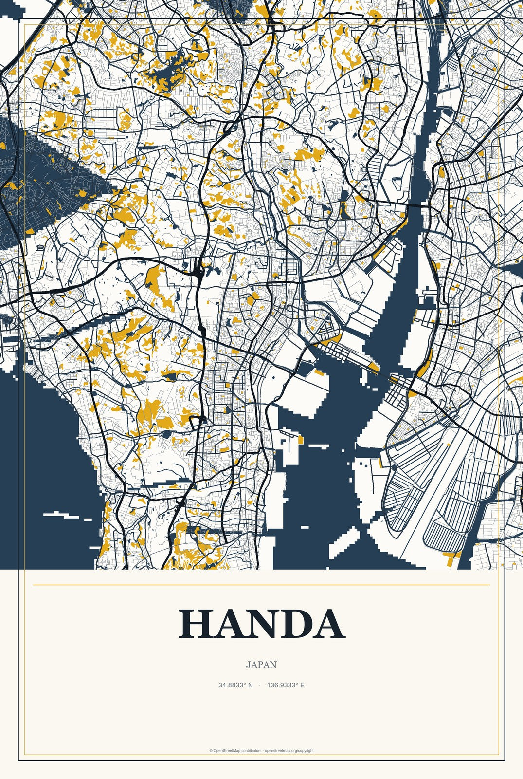 Handa, Japan City Map Aluminum Sign in Citrine Modern style