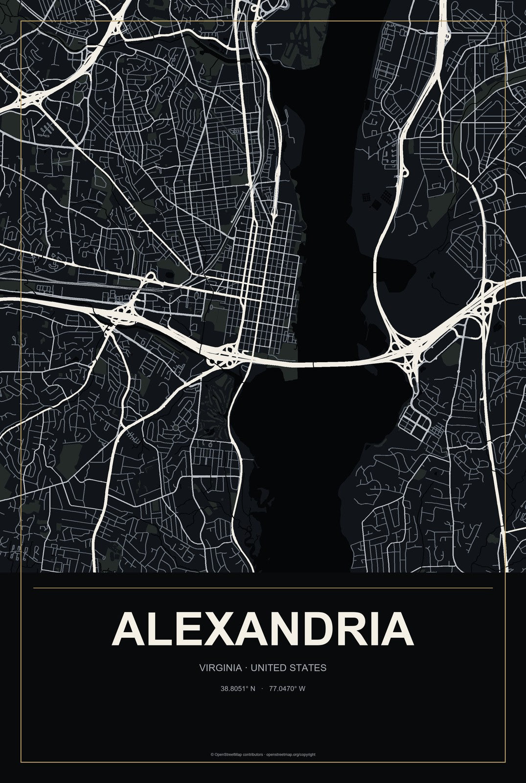 Alexandria, Virginia City Map Aluminum Sign in Metropolitan Noir style
