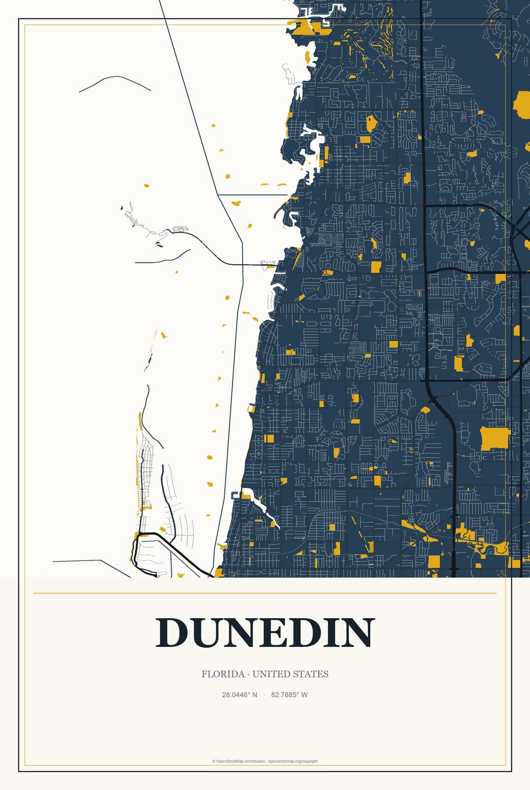 Dunedin, Florida City Map Aluminum Sign in Citrine Modern style