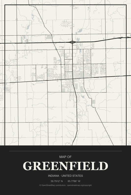Greenfield, Indiana City Map Aluminum Sign in Museum Plaque style