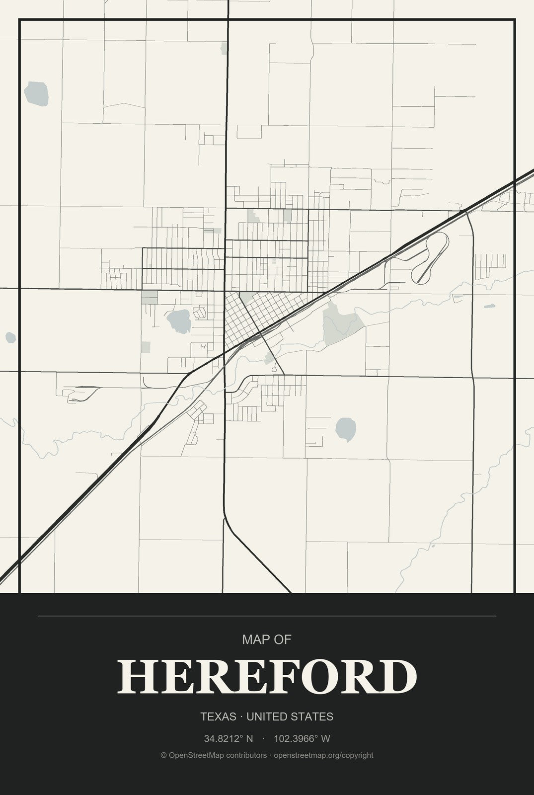 Hereford, Texas City Map Aluminum Sign in Museum Plaque style