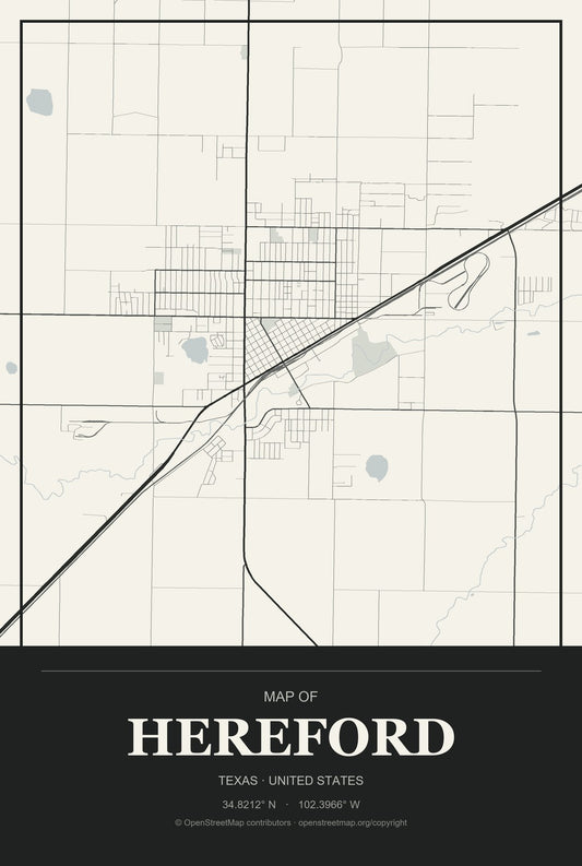 Hereford, Texas City Map Aluminum Sign in Museum Plaque style
