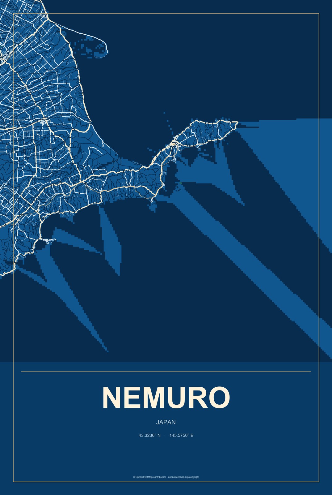 Nemuro, Japan City Map Aluminum Sign in Harbor Cobalt style