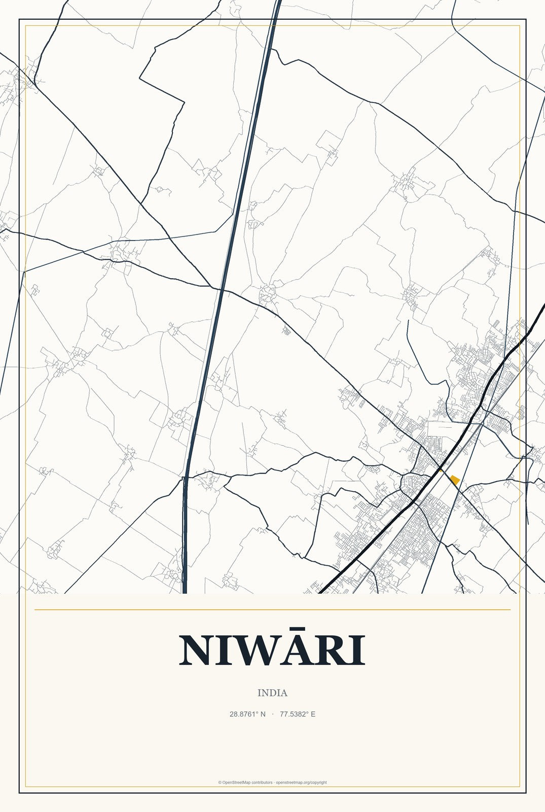 Niwāri, India City Map Aluminum Sign in Citrine Modern style