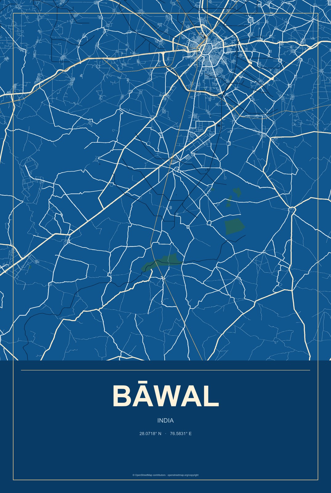 Bāwal, India City Map Aluminum Sign in Harbor Cobalt style