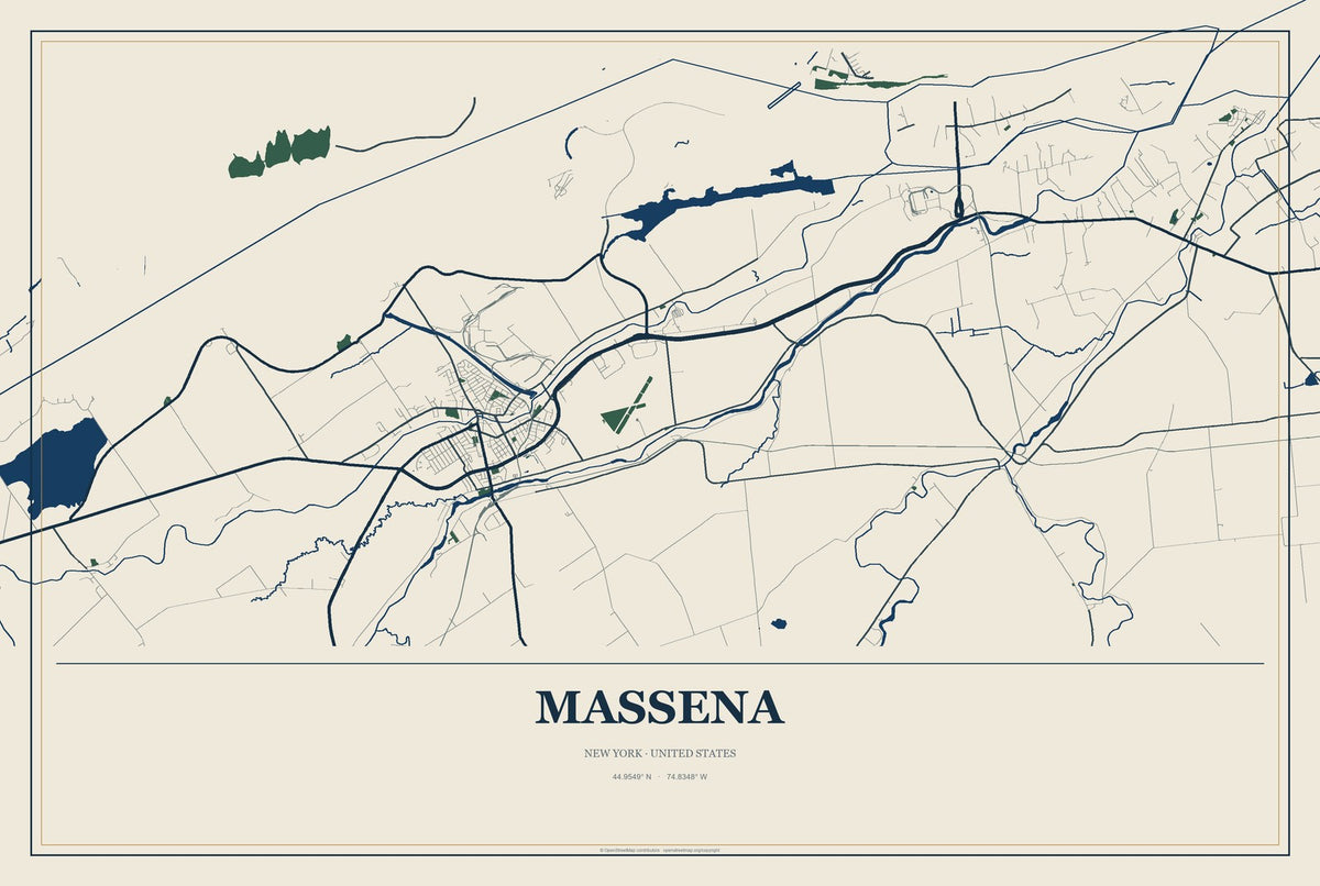 Massena, New York City Map Aluminum Sign in Coastal Cutout style