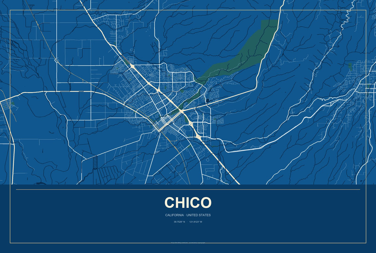 Chico, California City Map Aluminum Sign in Harbor Cobalt style