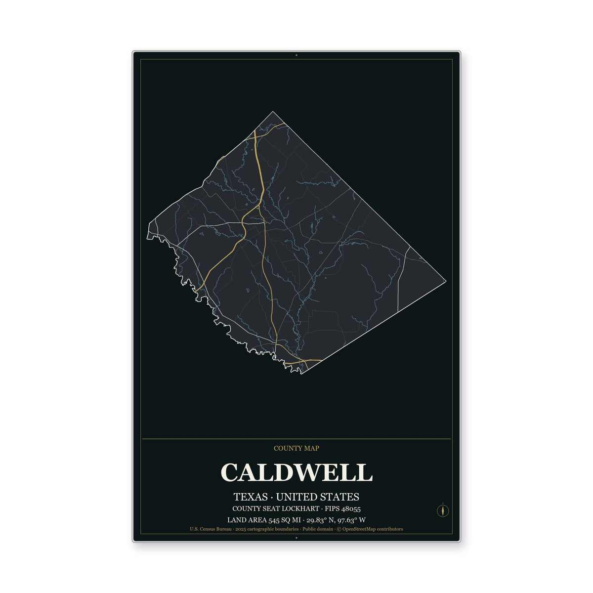 Caldwell County, Texas Map Aluminum Sign in Metropolitan Noir style