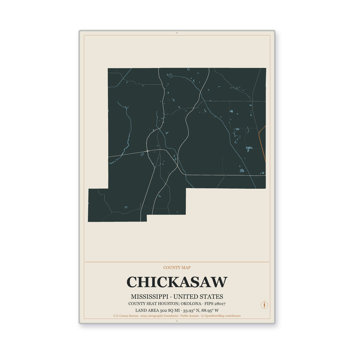 Chickasaw County, Mississippi Map Aluminum Sign in Headline Atlas style