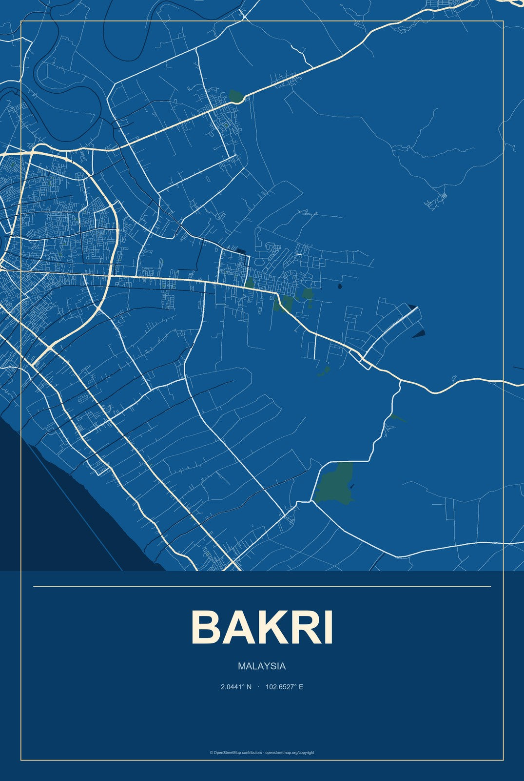 Bakri, Malaysia City Map Aluminum Sign in Harbor Cobalt style
