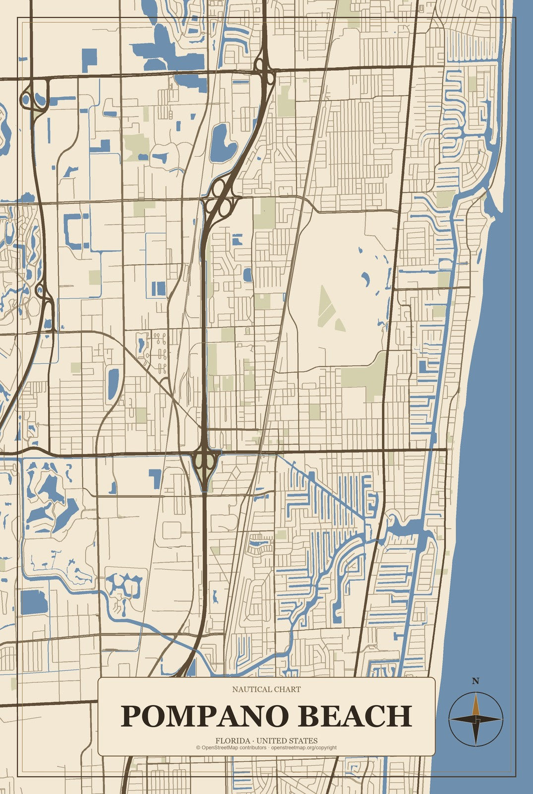 Pompano Beach, Florida City Map Aluminum Sign in Heritage Nautical style