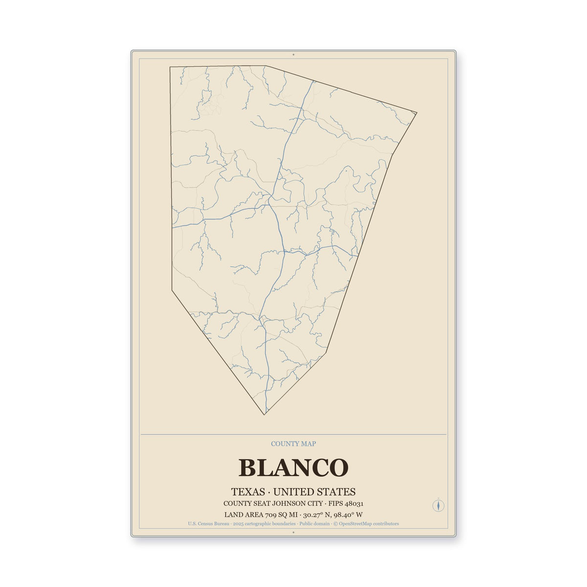 Blanco County, Texas Map Aluminum Sign in Heritage Nautical style