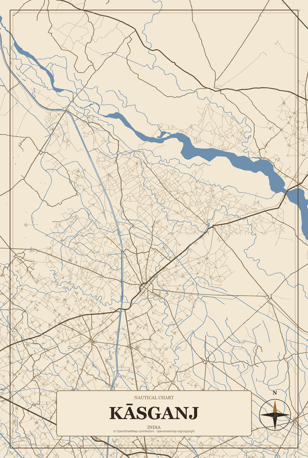 Kāsganj, India City Map Aluminum Sign in Heritage Nautical style