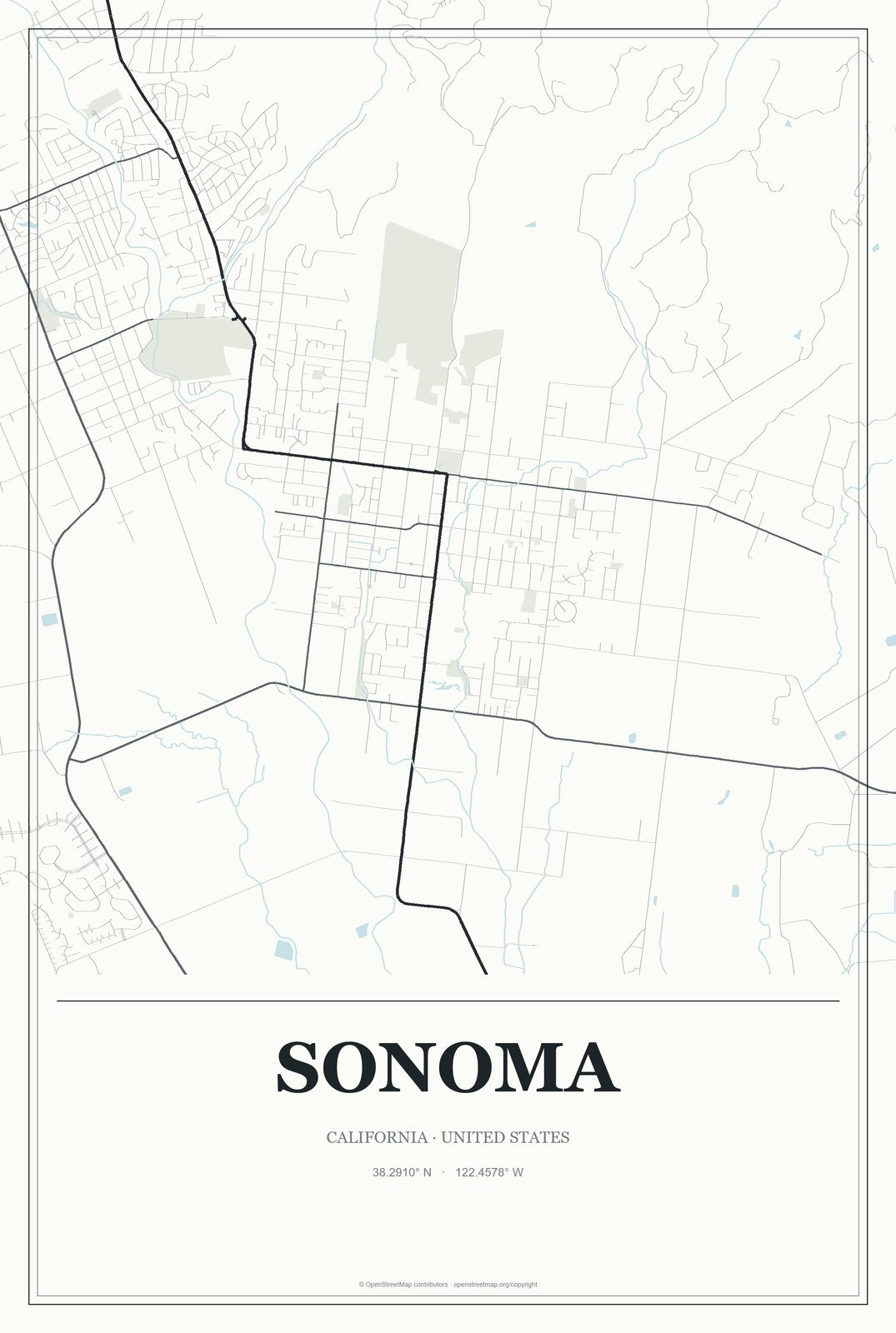 Sonoma, California City Map Aluminum Sign in Gallery Air style