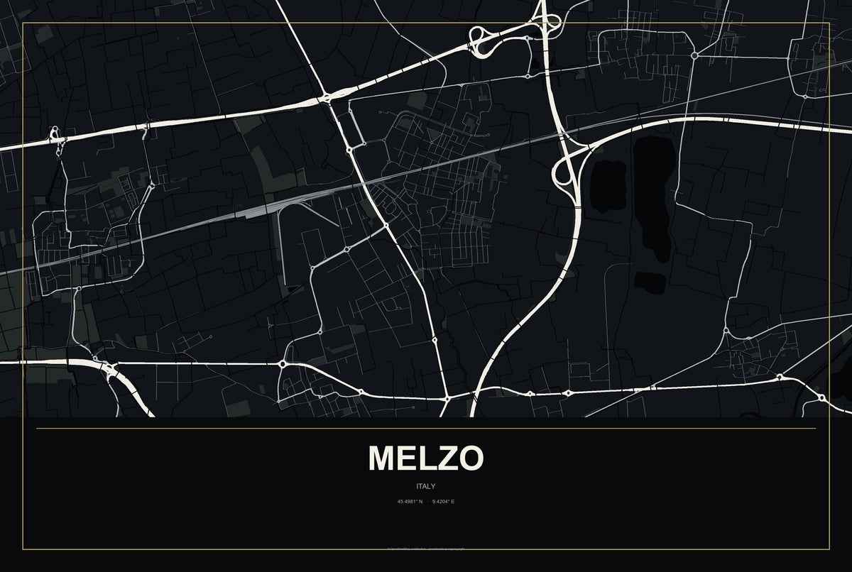 Melzo, Italy City Map Aluminum Sign in Metropolitan Noir style