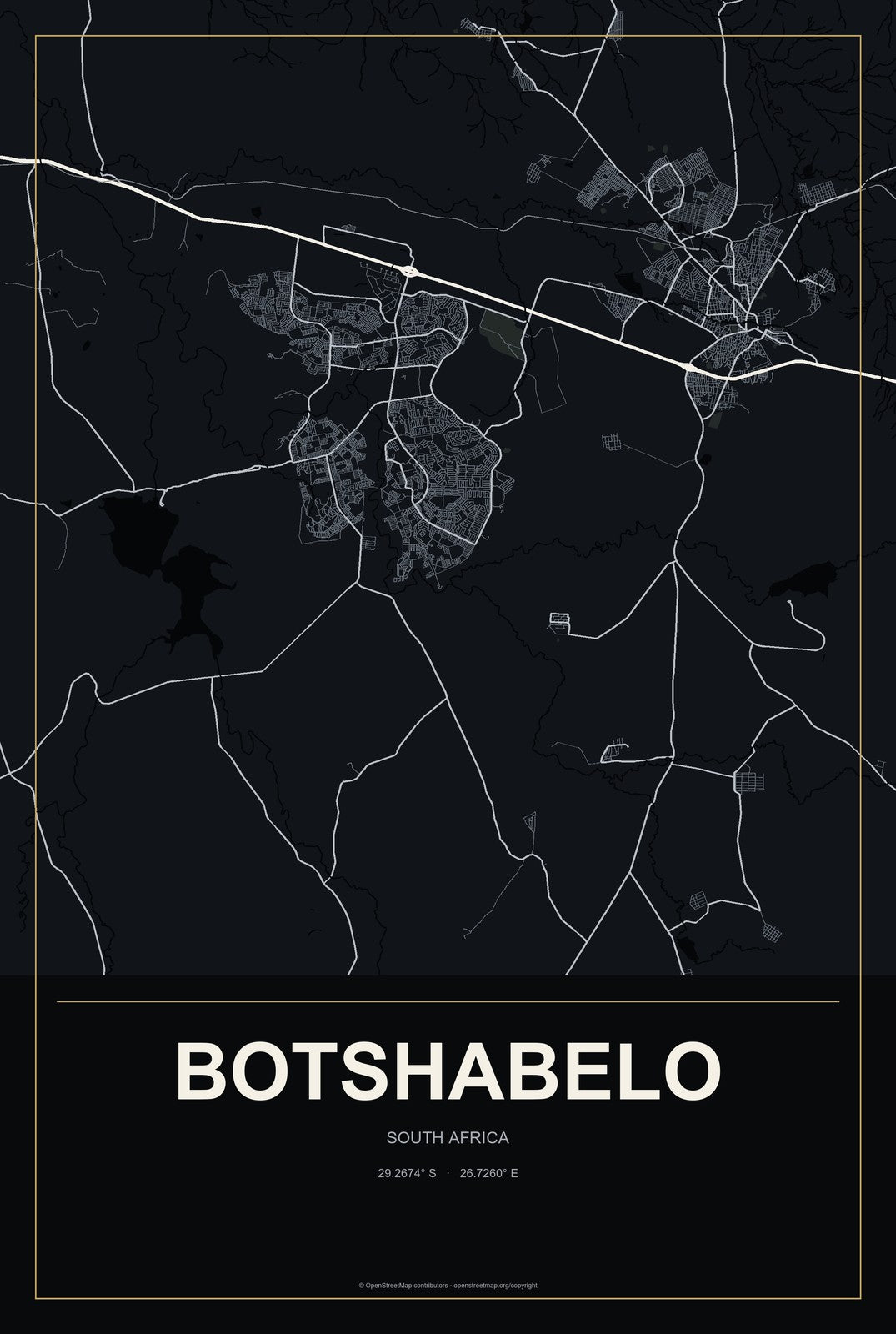 Botshabelo, South Africa City Map Aluminum Sign in Metropolitan Noir style