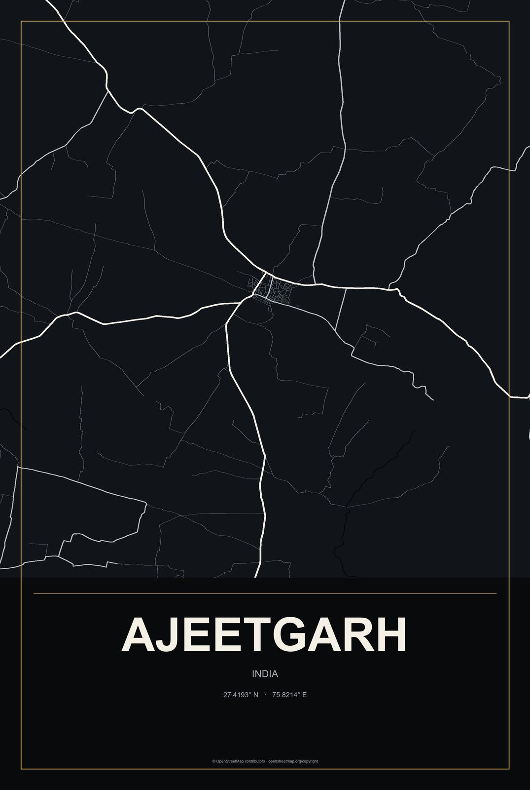 Ajeetgarh, India City Map Aluminum Sign in Metropolitan Noir style