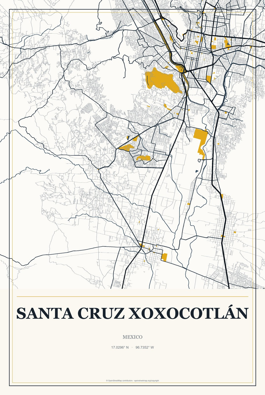 Santa Cruz Xoxocotlán, Mexico City Map Aluminum Sign in Citrine Modern style
