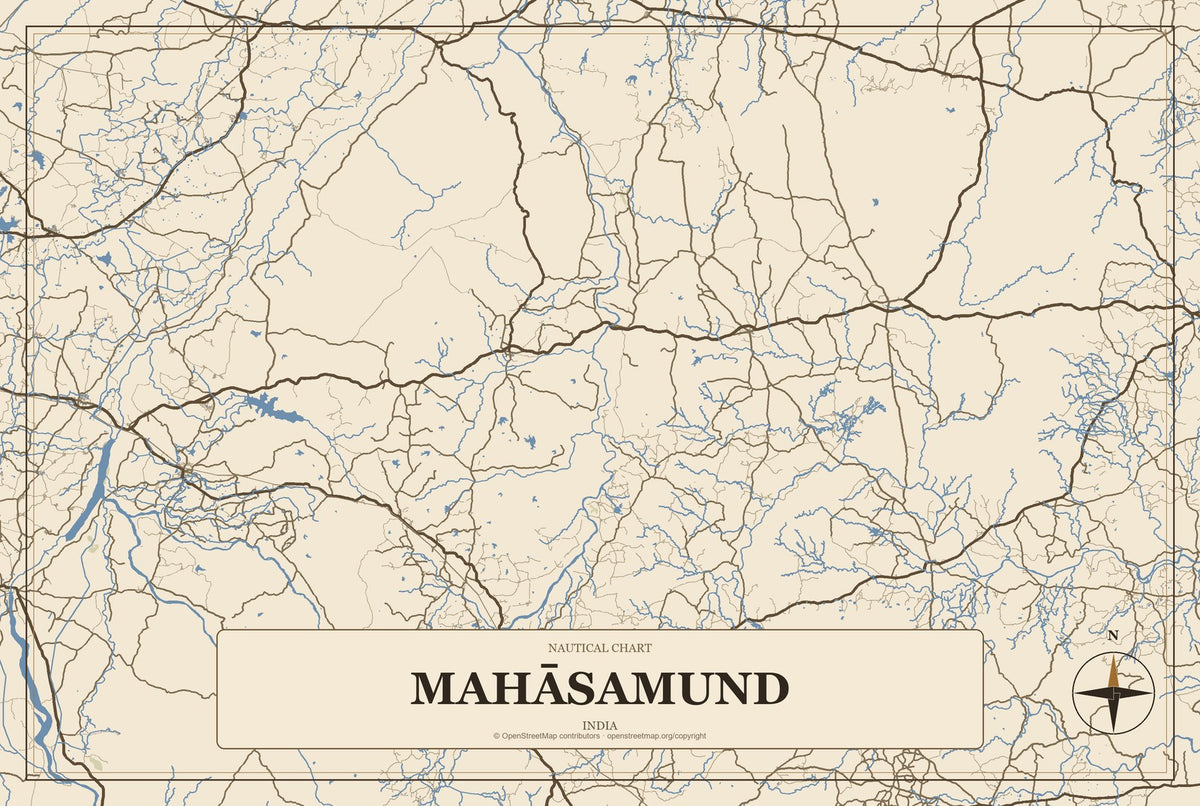 Mahāsamund, India City Map Aluminum Sign in Heritage Nautical style