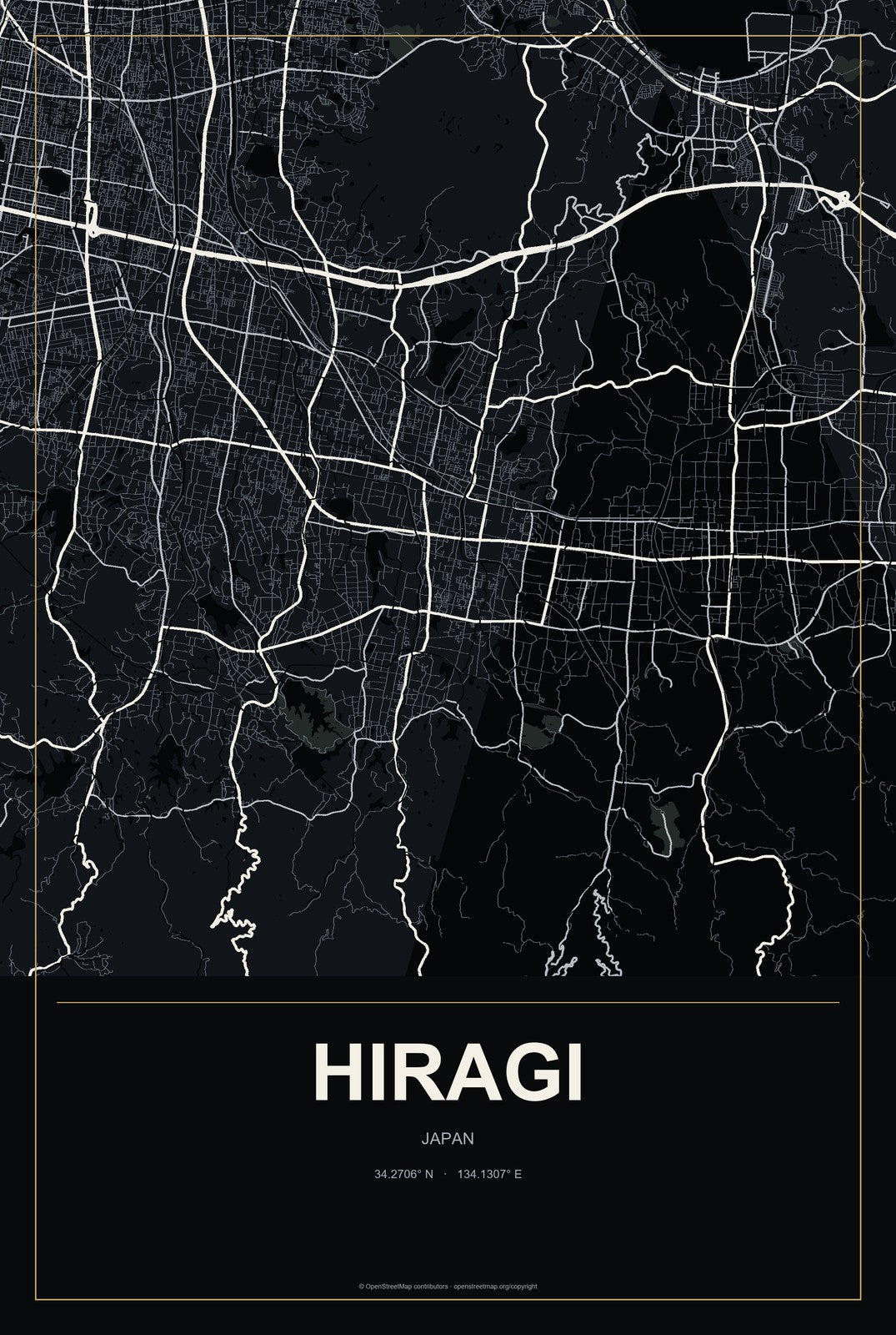 Hiragi, Japan City Map Aluminum Sign in Metropolitan Noir style