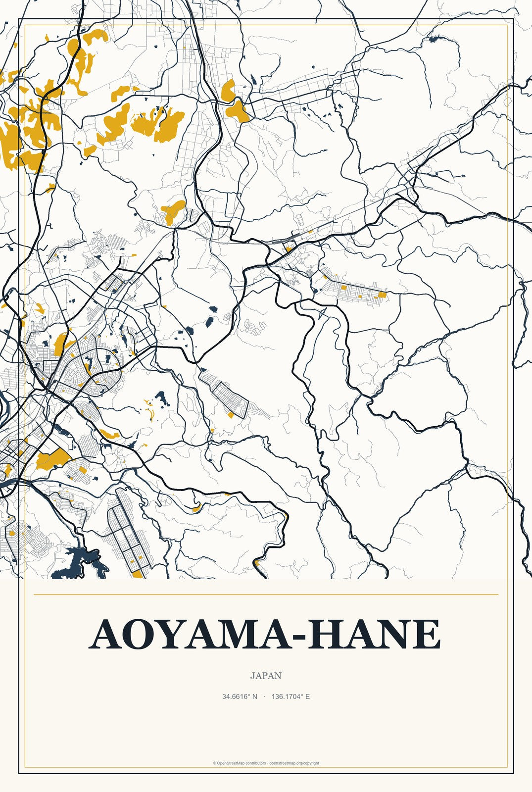 Aoyama-hane, Japan City Map Aluminum Sign in Citrine Modern style