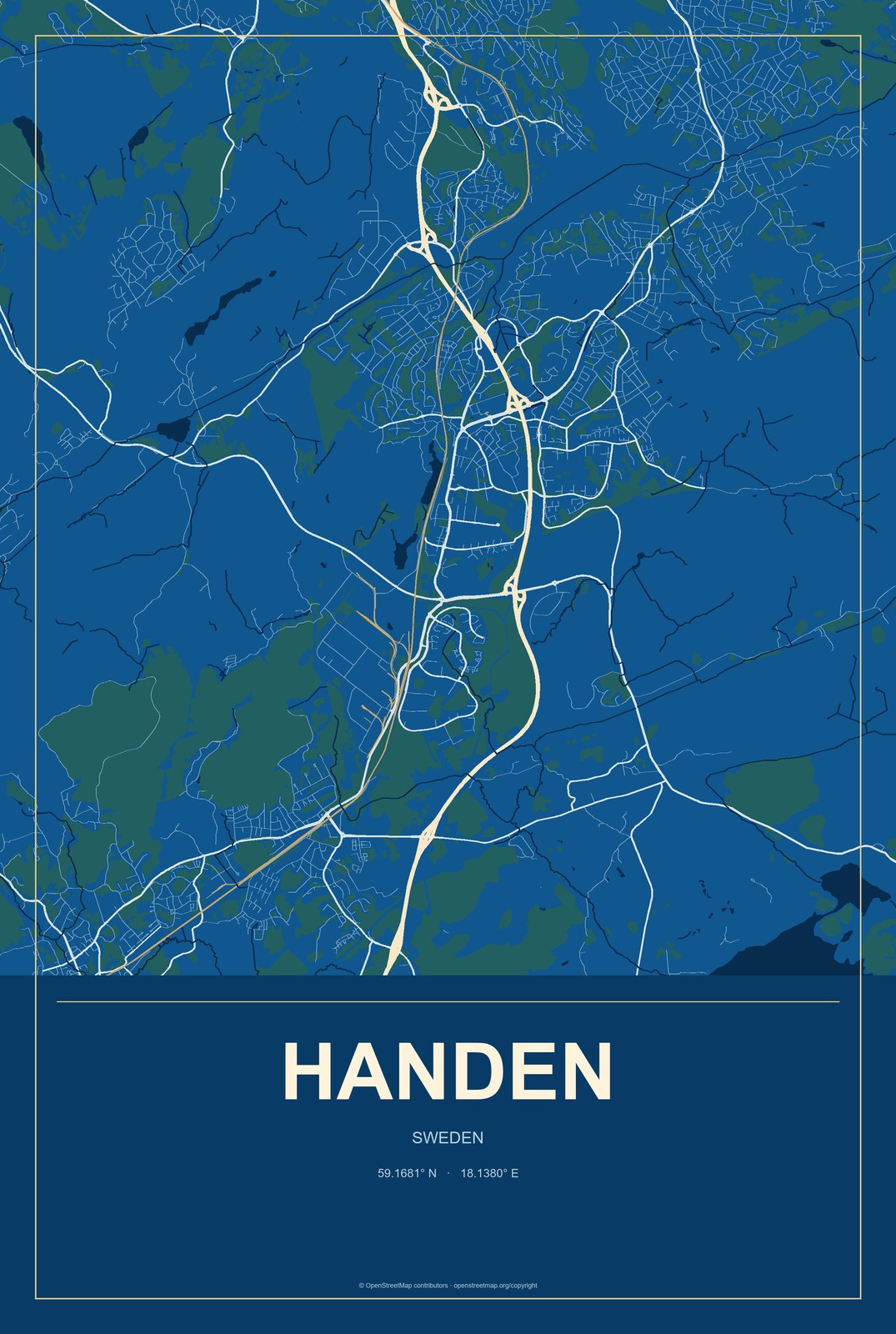 Handen, Sweden City Map Aluminum Sign in Harbor Cobalt style