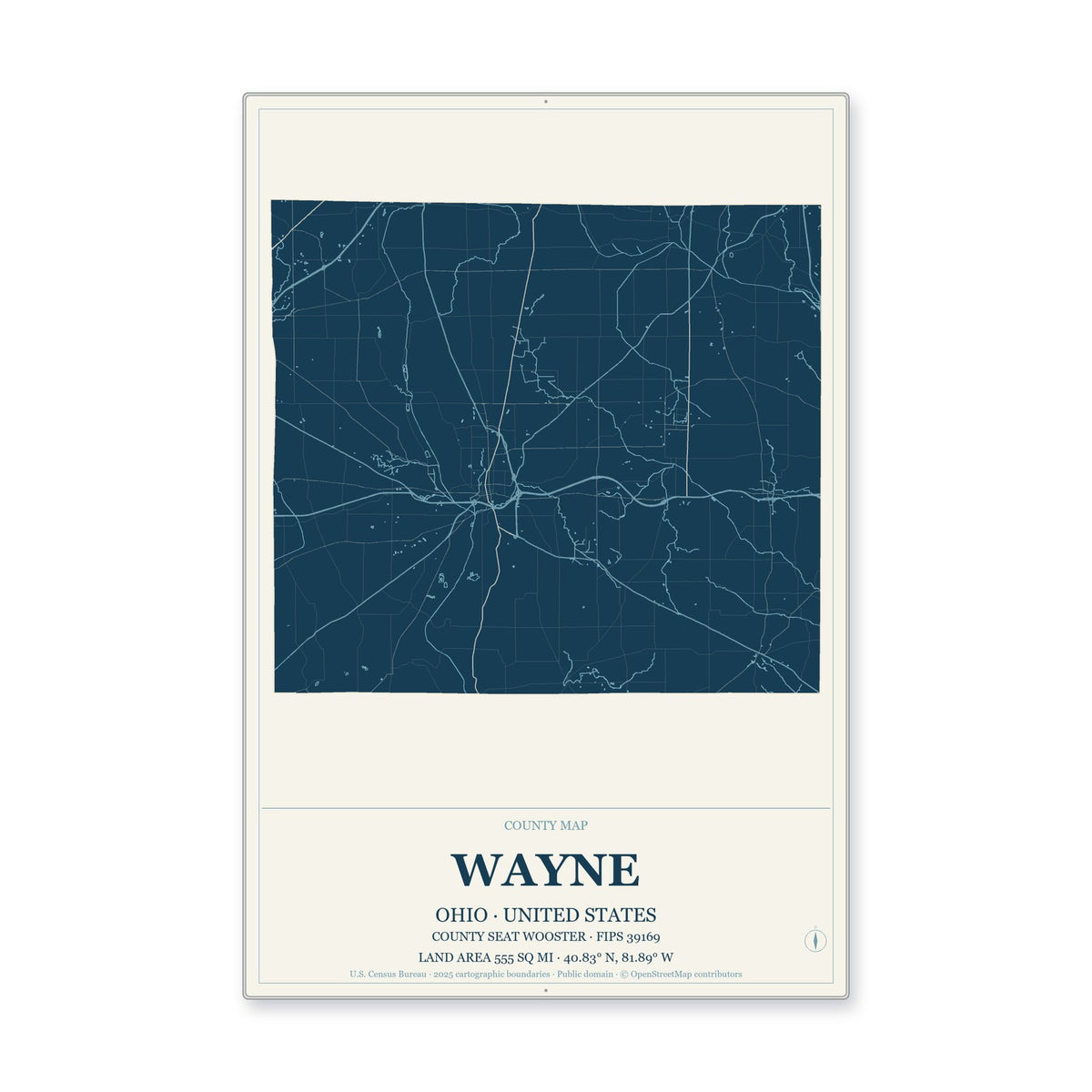 Wayne County, Ohio Map Aluminum Sign in Coastal Cutout style