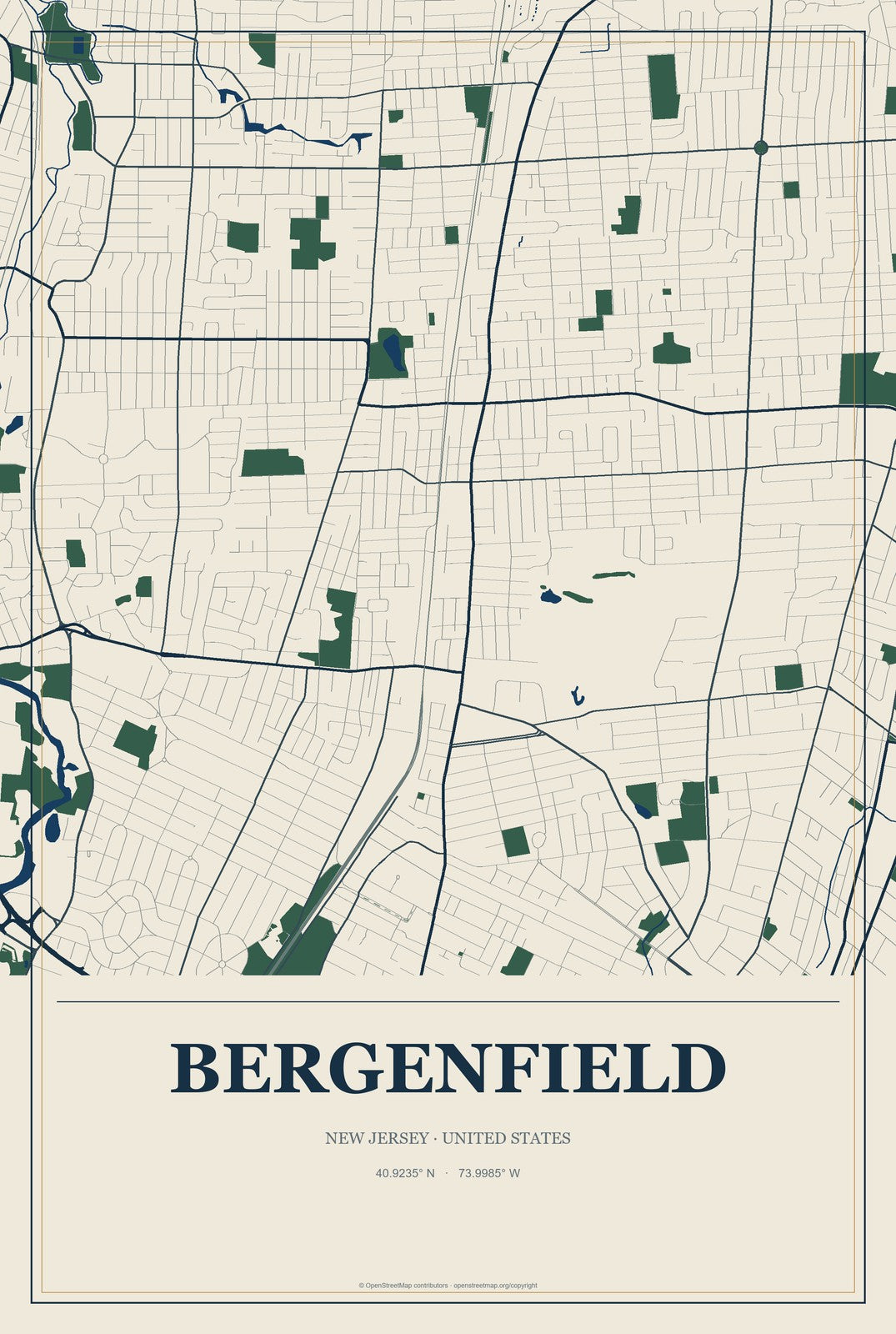 Bergenfield, New Jersey City Map Aluminum Sign in Coastal Cutout style