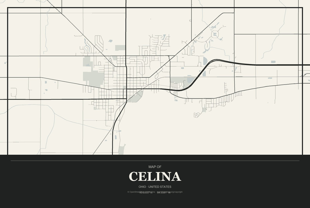 Celina, Ohio City Map Aluminum Sign in Museum Plaque style