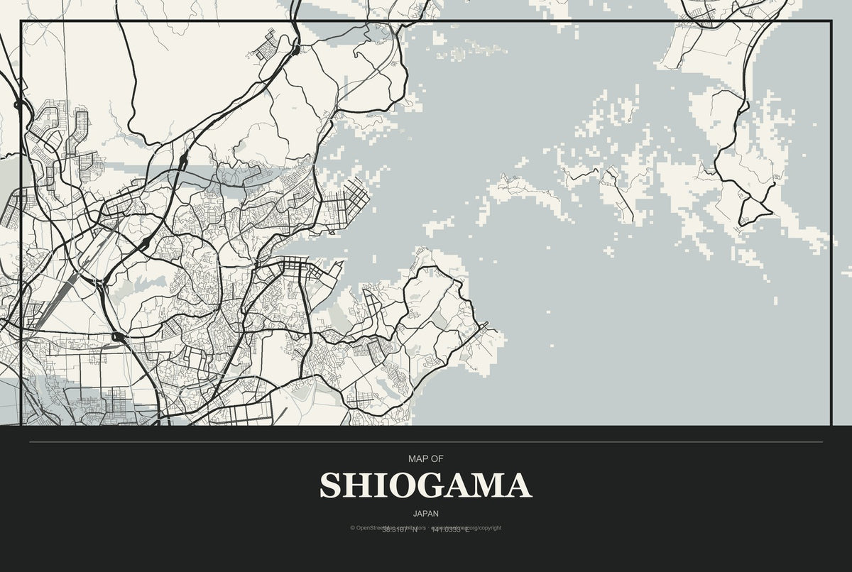 Shiogama, Japan City Map Aluminum Sign in Museum Plaque style
