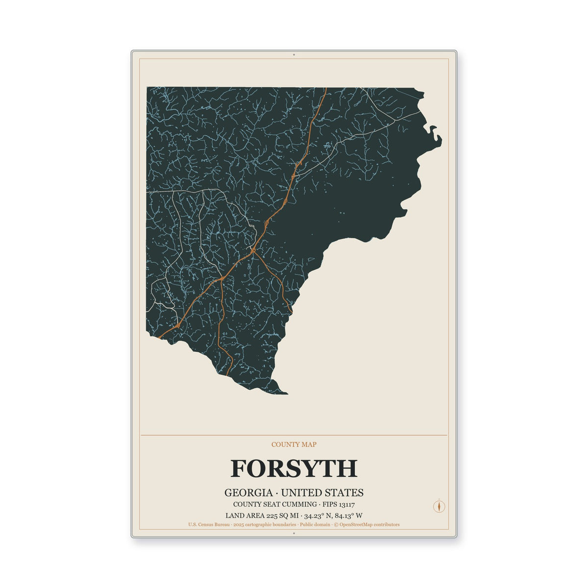Forsyth County, Georgia Map Aluminum Sign in Headline Atlas style