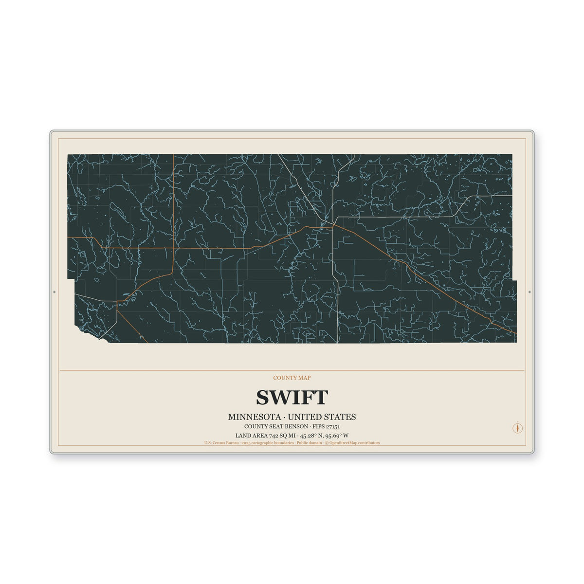 Swift County, Minnesota Map Aluminum Sign in Headline Atlas style