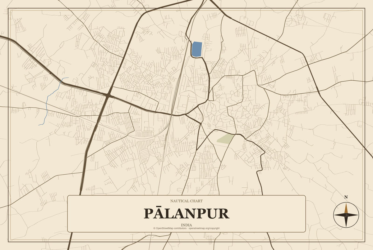 Pālanpur, India City Map Aluminum Sign in Heritage Nautical style