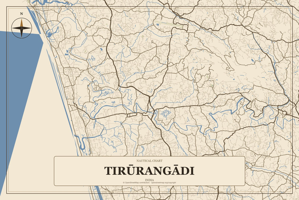 Tirūrangādi, India City Map Aluminum Sign in Heritage Nautical style