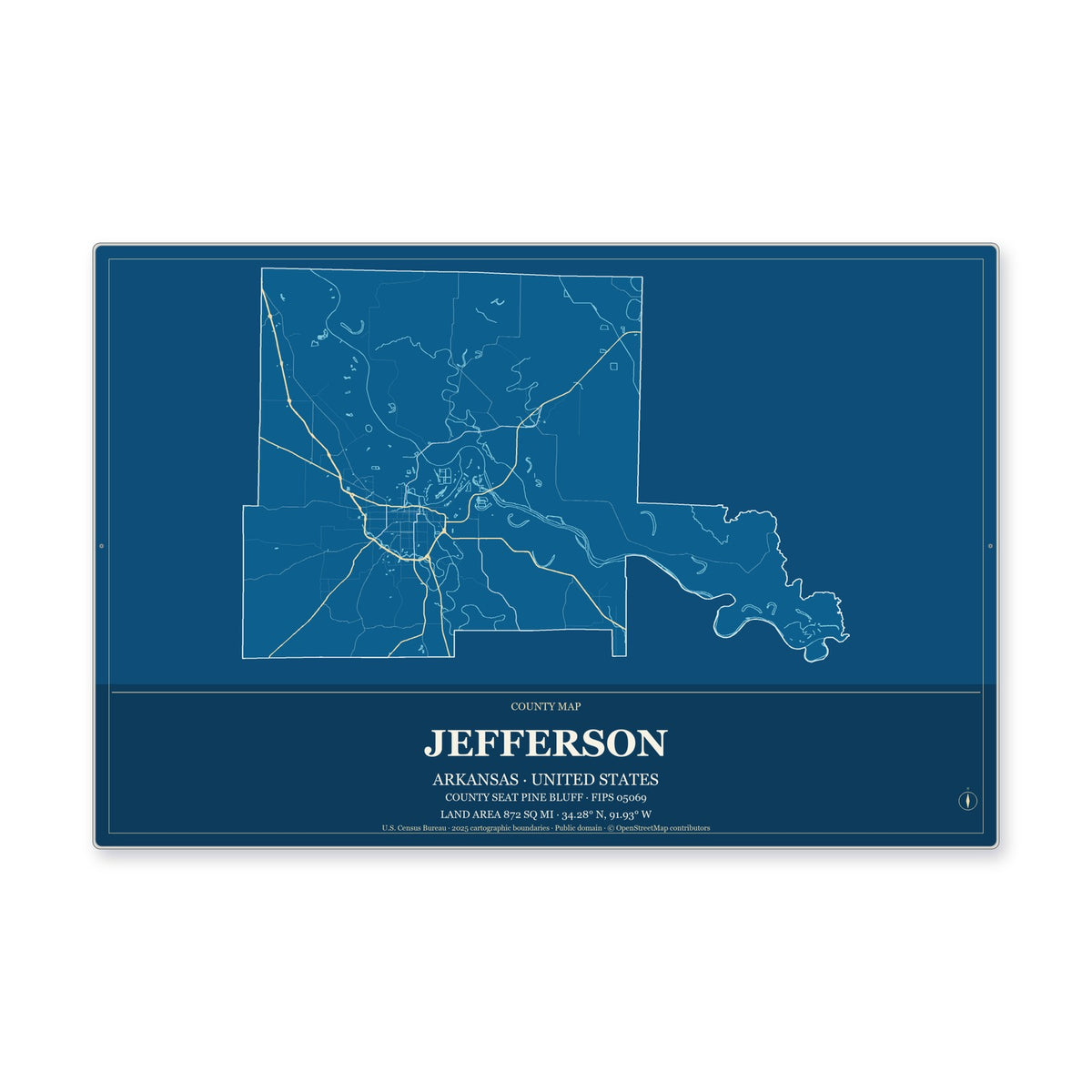 Jefferson County, Arkansas Map Aluminum Sign in Harbor Cobalt style