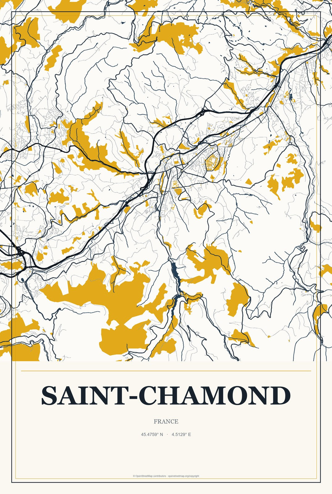 Saint-Chamond, France City Map Aluminum Sign in Citrine Modern style