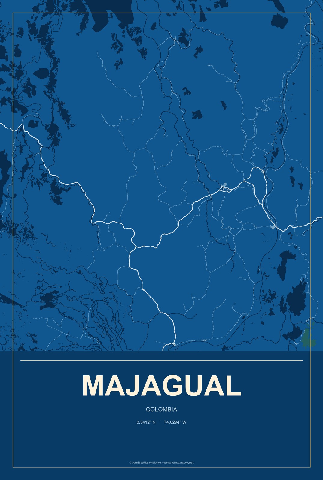 Majagual, Colombia City Map Aluminum Sign in Harbor Cobalt style