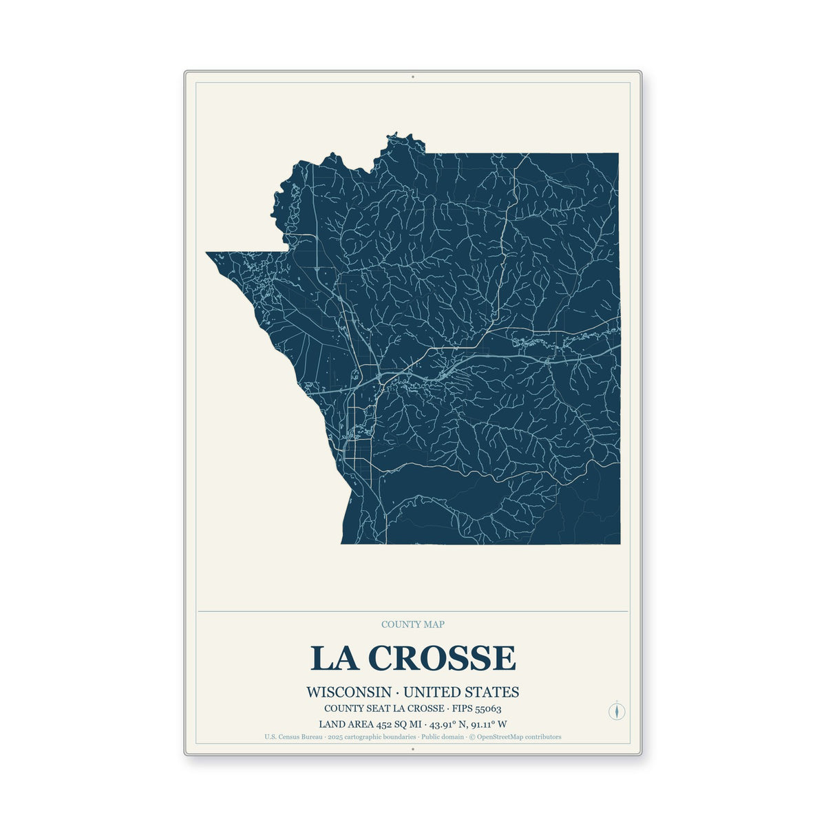 La Crosse County, Wisconsin Map Aluminum Sign in Coastal Cutout style
