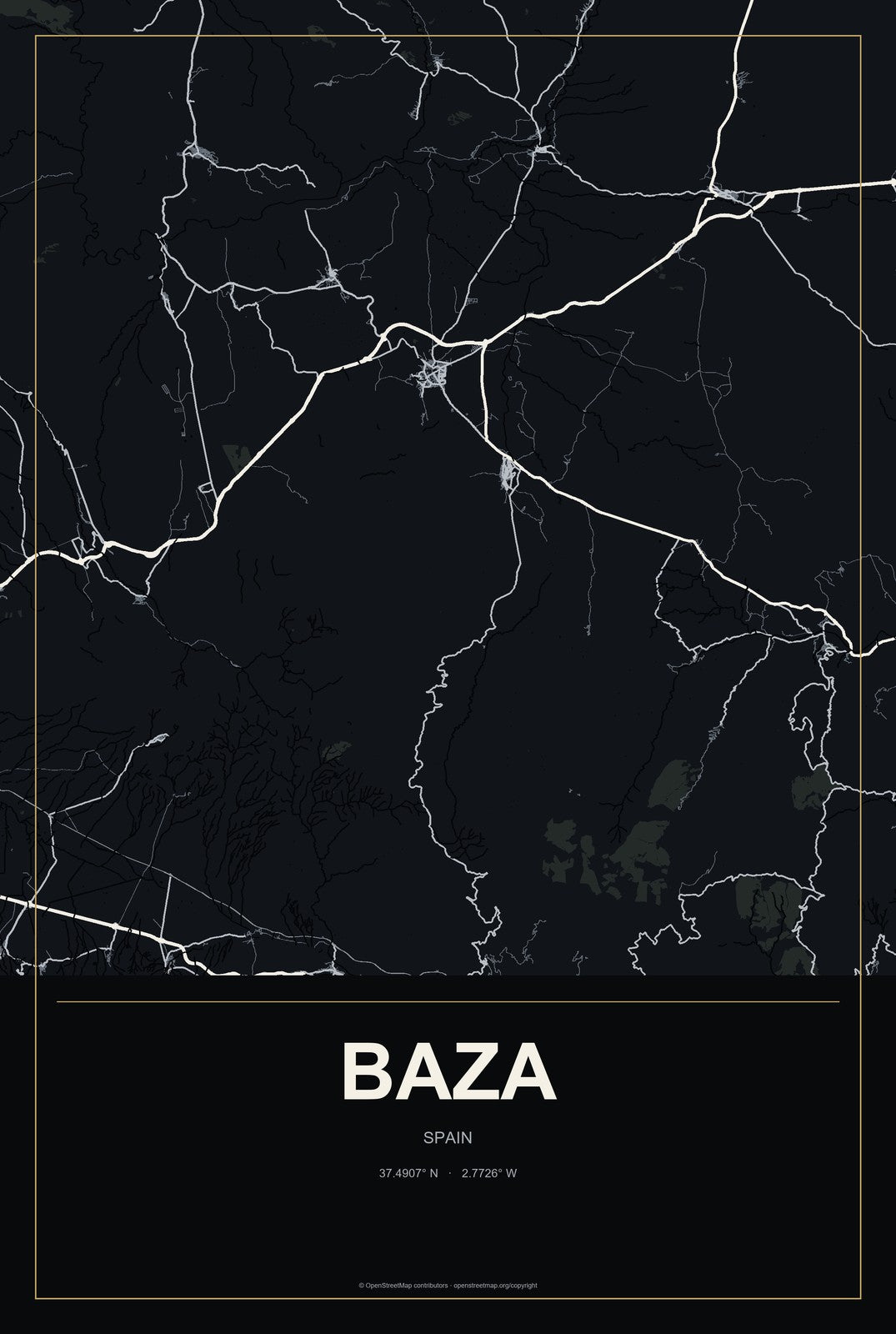 Baza, Spain City Map Aluminum Sign in Metropolitan Noir style