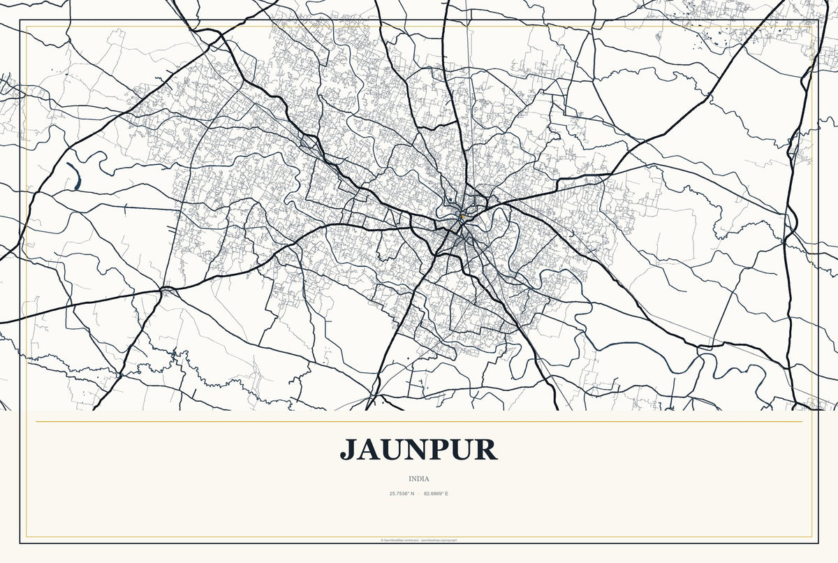 Jaunpur, India City Map Aluminum Sign in Citrine Modern style