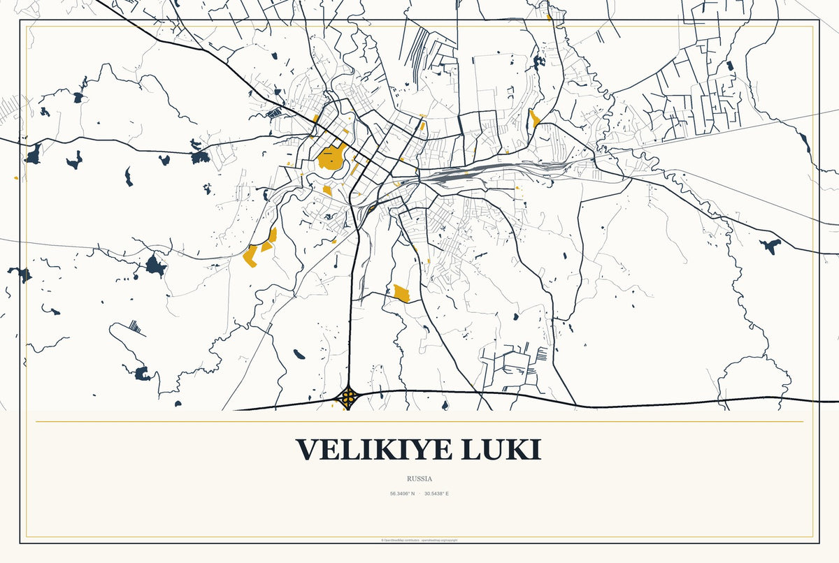 Velikiye Luki, Russia City Map Aluminum Sign in Citrine Modern style