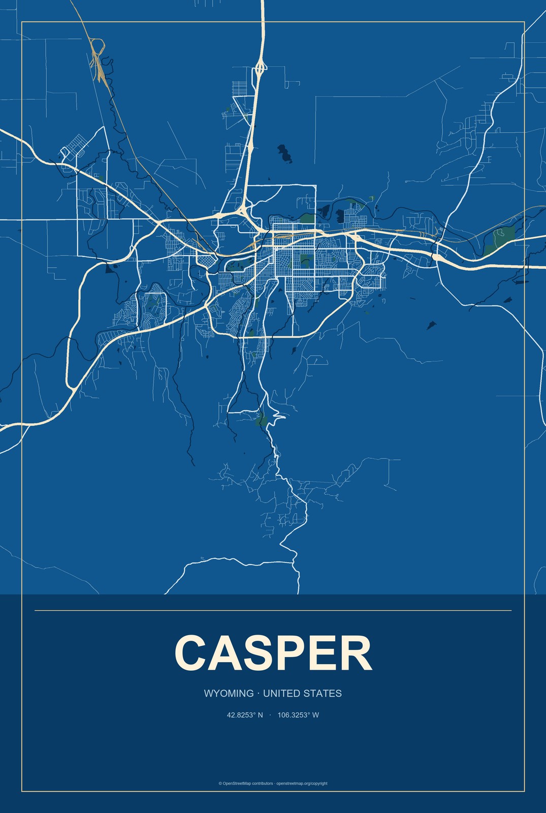 Casper, Wyoming City Map Aluminum Sign in Harbor Cobalt style