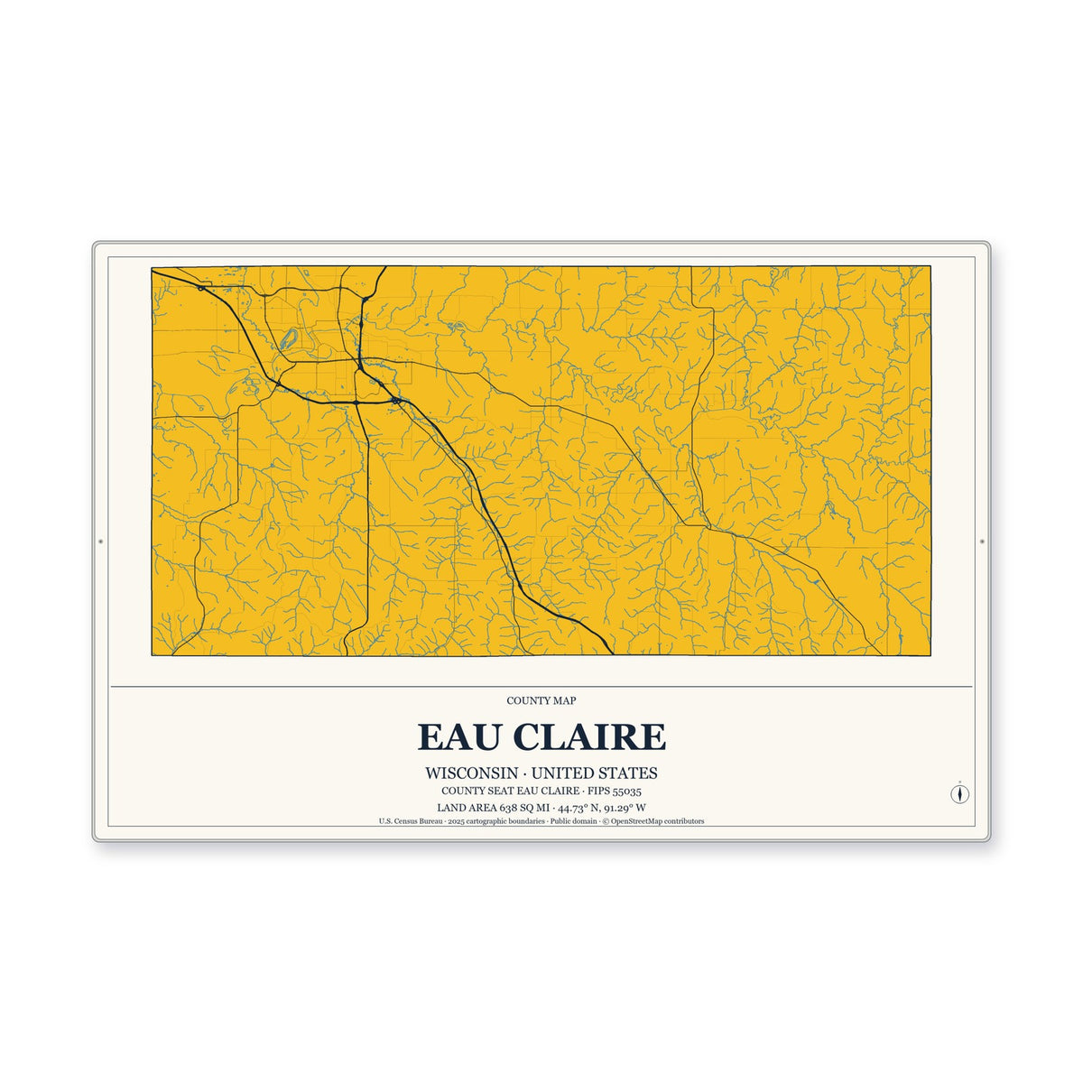Eau Claire County, Wisconsin Map Aluminum Sign in Citrine Modern style