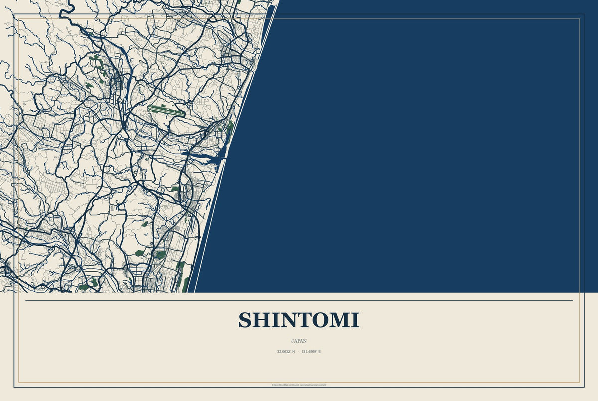 Shintomi, Japan City Map Aluminum Sign in Coastal Cutout style