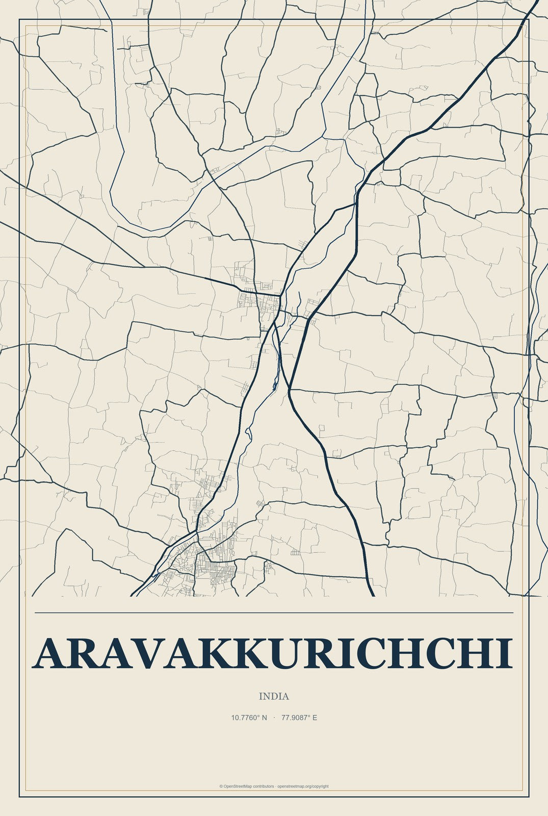 Aravakkurichchi, India City Map Aluminum Sign in Coastal Cutout style