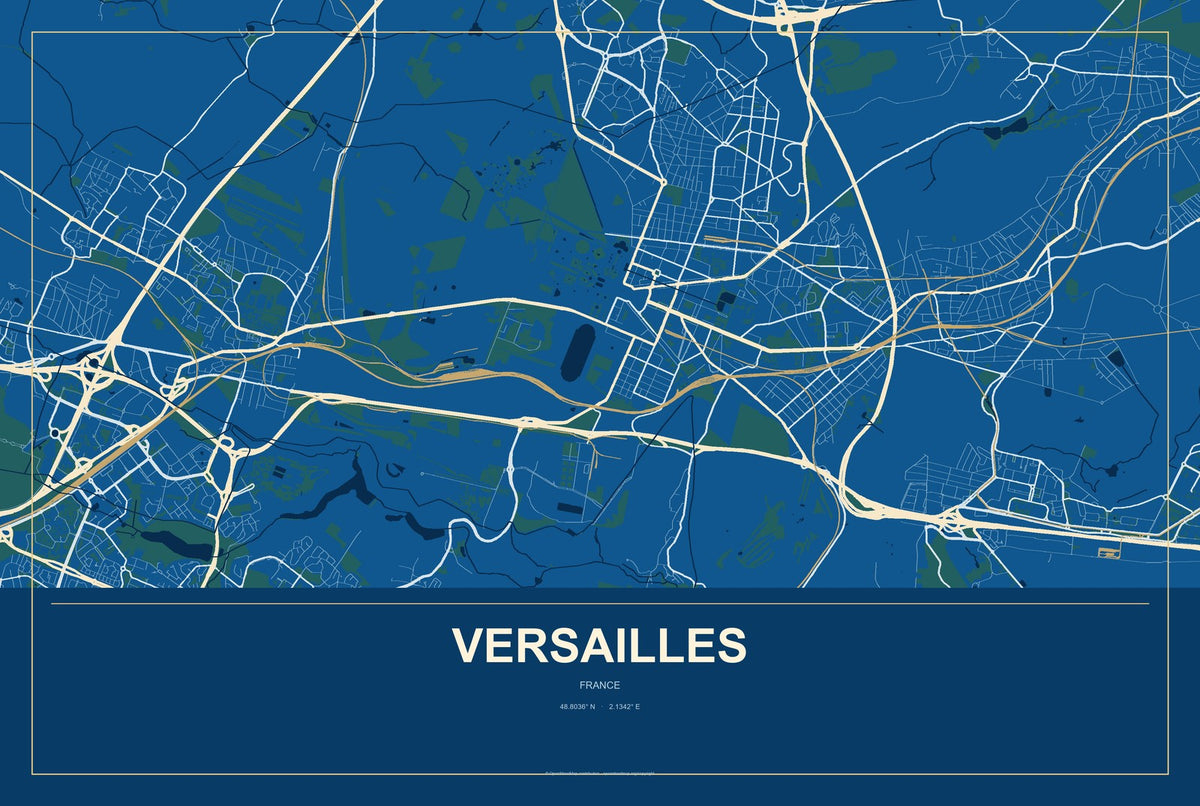 Versailles, France City Map Aluminum Sign in Harbor Cobalt style