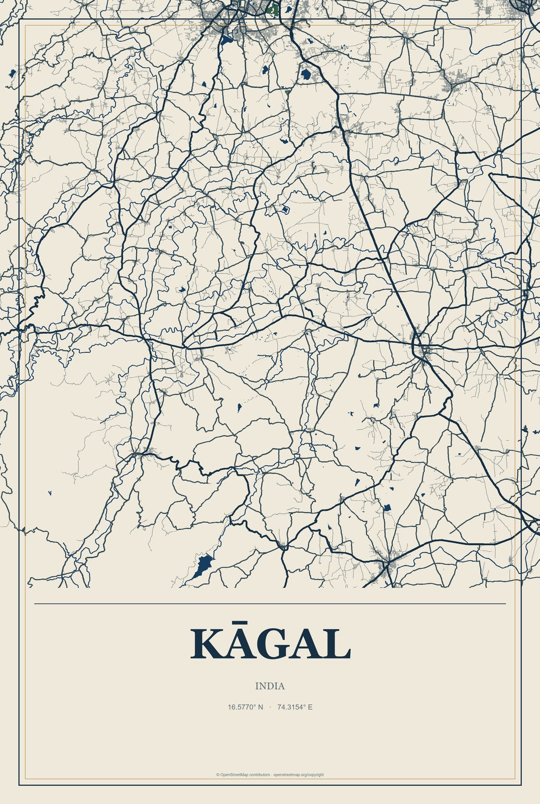 Kāgal, India City Map Aluminum Sign in Coastal Cutout style